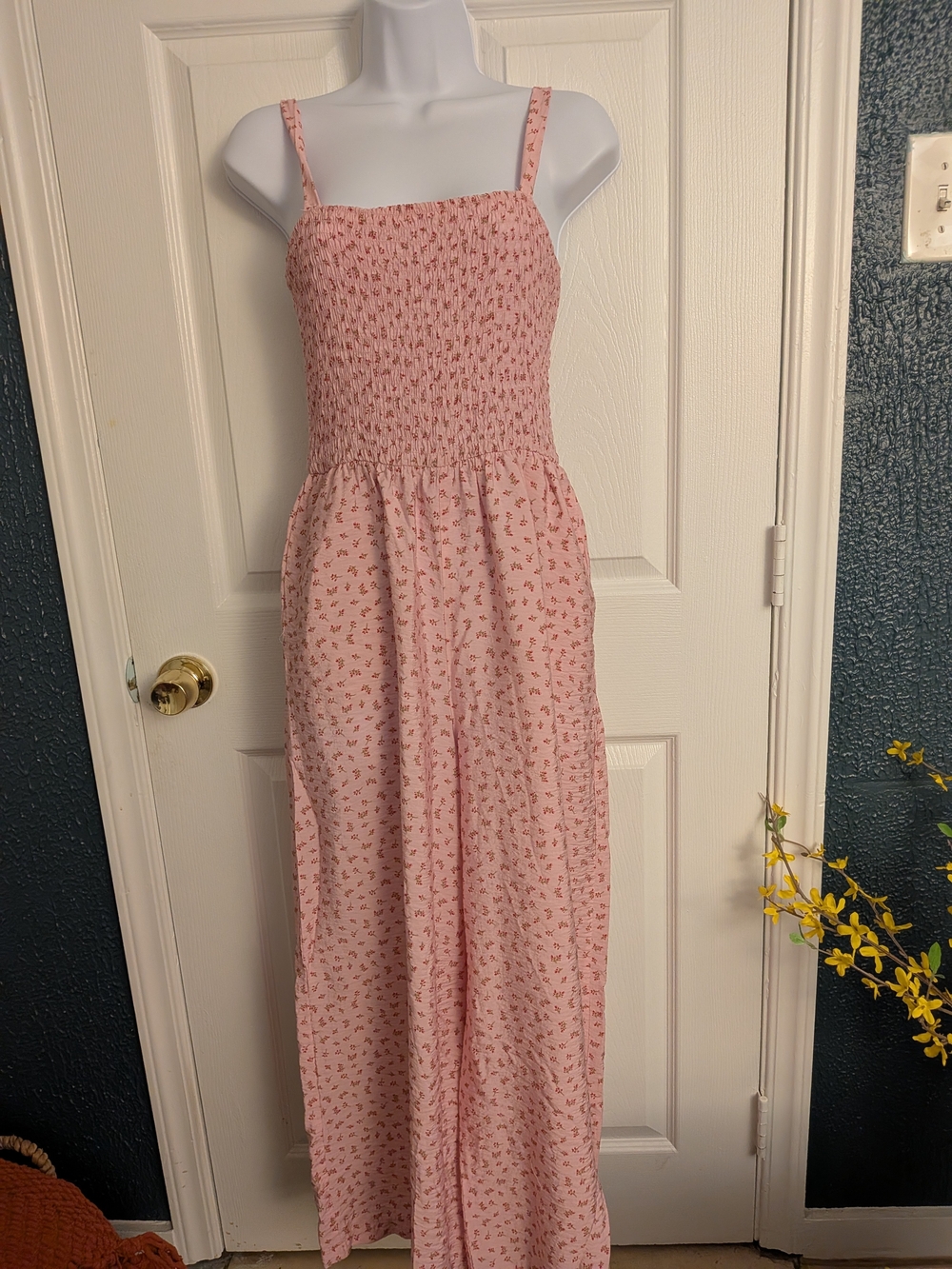 Lily Rose Pink Floral Smocked Square Neck Sleeveless Wide Leg Jumpsuit Size M